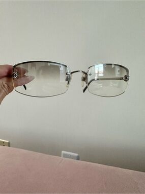 Rimless Silver Crystal Chanel logo initial Women's Sunglasses - Silver